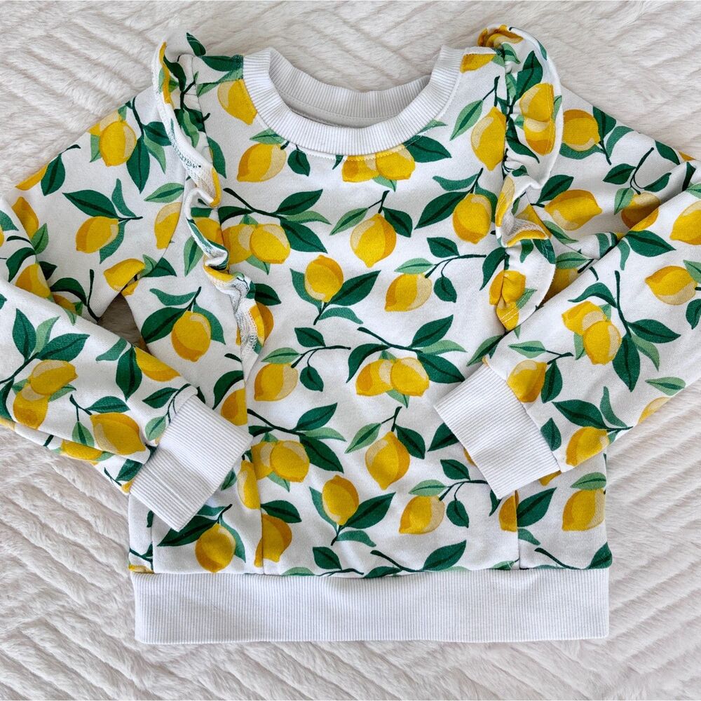 Janie and Jack Girls Size 4 Lemon Print Ruffle Sweatshirt White Yellow Green